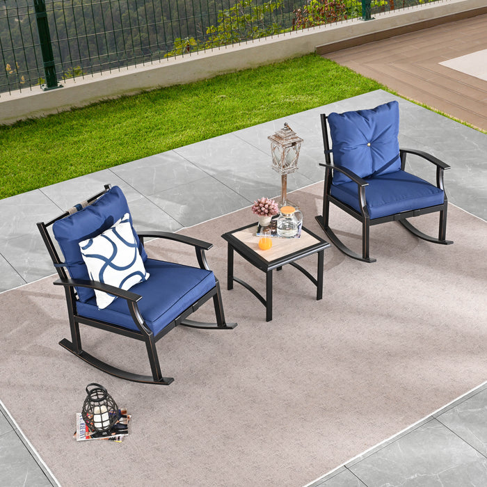 Elegant 3-Piece Rocking Bistro Set with Hand-Woven Textilene Rope, Blue Cushions, and Metal Coffee Table