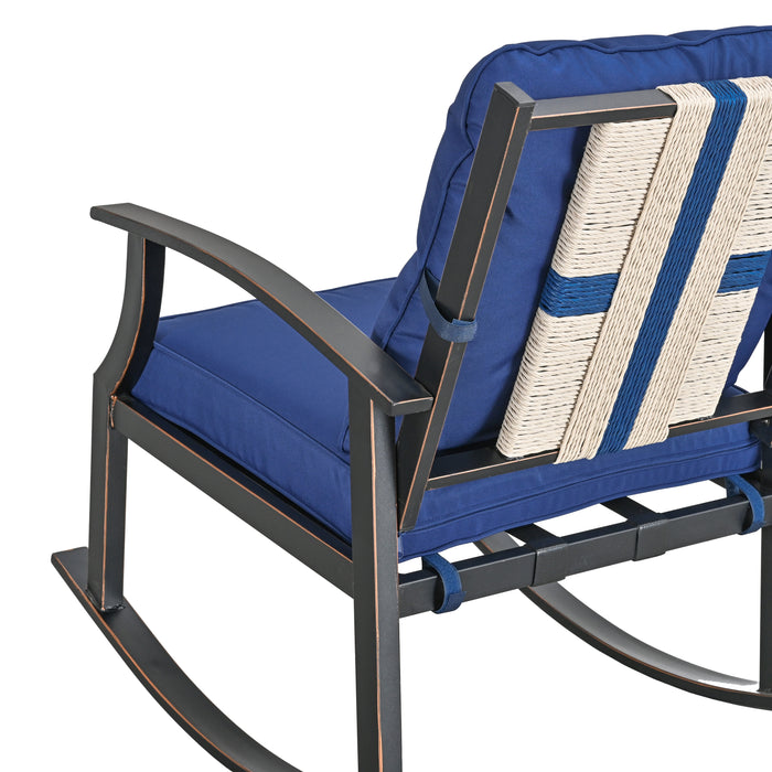 Elegant 3-Piece Rocking Bistro Set with Hand-Woven Textilene Rope, Blue Cushions, and Metal Coffee Table