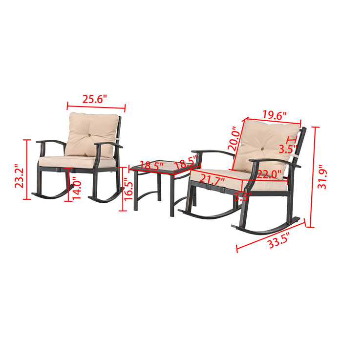 Elegant 3-Piece Rocking Bistro Set with Hand-Woven Textilene Rope, Beige Cushions, and Metal Coffee Table