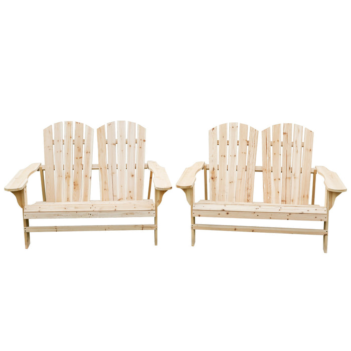 2 Pieces Outdoor Wooden Adirondack Bench Loveseat Double Patio Chair Natural 