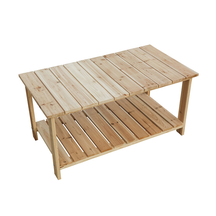 Outdoor Coffee Table Natural Wood Patio Furniture with 2-Shelf Storage Organizer 