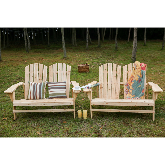 2 Pieces Outdoor Wooden Adirondack Bench Loveseat Double Patio Chair Natural 