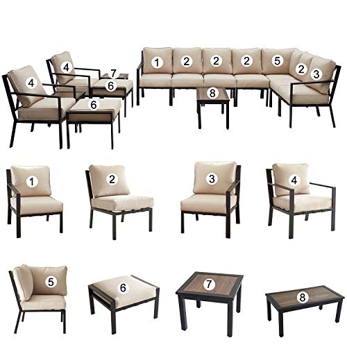 Festival Depot 14-Pieces Patio Outdoor Furniture Conversation Sets Loveseat Sectional Sofa, All-Weather Black X Slatted Back Chair with Coffee Table and Removable Couch Cushions (Beige) 