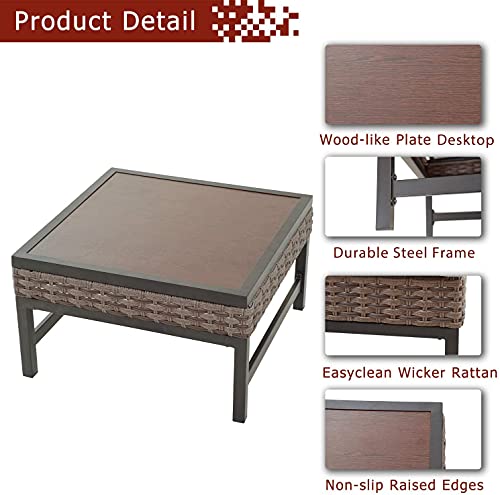 Festival Depot Patio Side Coffee Table Outdoor Bistro Dining Furniture with Wood Grain Tabletop, Wicker Rattan and X Shaped Slatted Steel Legs (Brown)