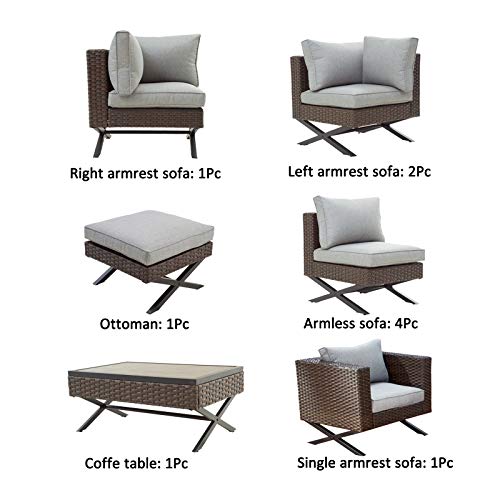 Festival Depot 10pcs Outdoor Furniture Patio Conversation Set Sectional Corner Sofa Chairs with X Shaped Metal Leg All Weather Brown Rattan Wicker Ottoman Coffee Table with Grey Seat Back Cushions 