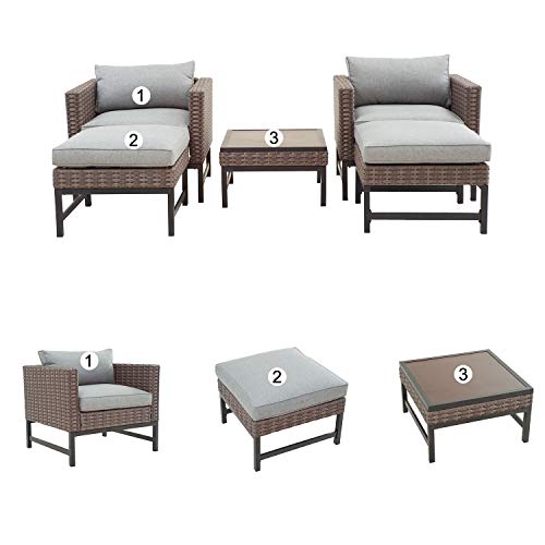 Festival Depot 5 Pieces Patio Outdoor Conversation Wicker Chairs Lounge Chaise Cushions Ottomans Set with Coffee Square Table Metal Frame Furniture Garden Bistro Seating Thick Soft Cushion (Gray) 