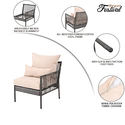 Elegant Beige Wicker Dining Chair, Sectional Sofa with Removable Cushion