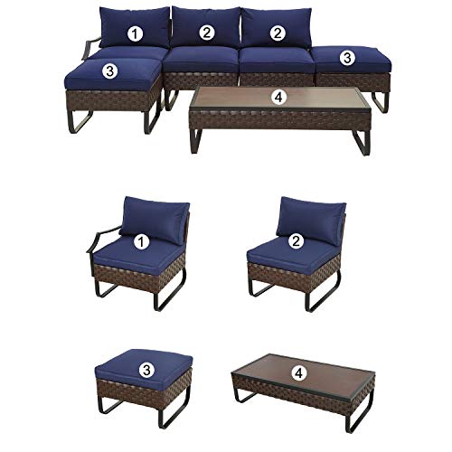 Festival Depot 6 Pieces Patio Conversation Sets Outdoor Furniture Sectional Sofa with All-Weather PE Rattan Wicker Back Chair, Coffee Table, Ottoman and Thick Soft Removable Couch Cushions (Blue)