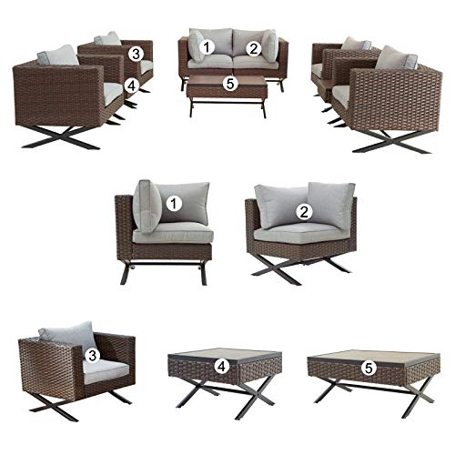 Festival Depot 9 Pcs Outdoor Furniture Patio Conversation Set Sectional Sofa Armchairs with X Shaped Metal Leg All Weather Brown Rattan Wicker Rectangle Square Coffee Table with Grey Seat Back Cushions