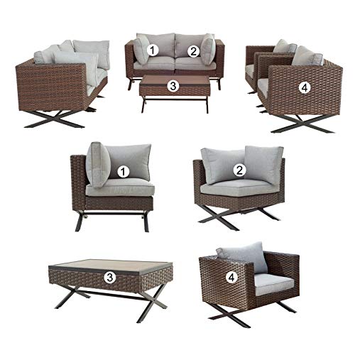 Festival Depot 7pcs Outdoor Furniture Patio Conversation Set Sectional Sofa Chairs with X Shaped Metal Leg All Weather Brown Rattan Wicker Coffee Table with Grey Thick Seat Back Cushions 