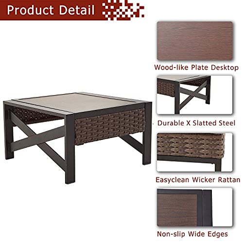 Festival Depot Patio Side Coffee Table Outdoor Bistro Dining Furniture with Wood Grain Tabletop, Wicker Rattan and X Shaped Slatted Steel Legs (Brown)