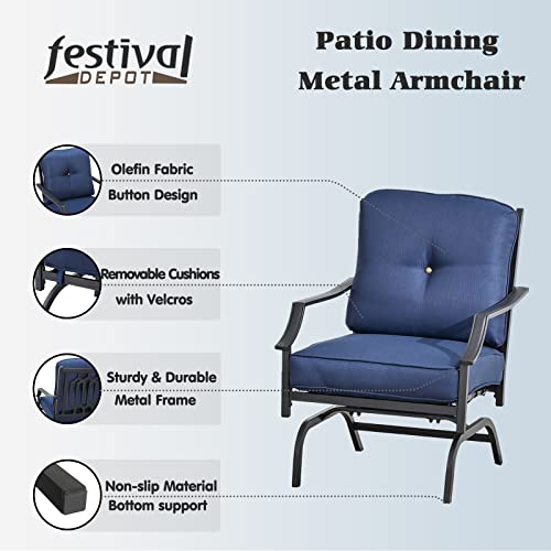 Festival Depot Patio Bistro Dining Chairs Set Outdoor Furniture Steel Frame Armchair with Armrest, Back & Seat Cushions (Set of 2, Blue)