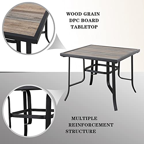 Stylish Outdoor 5-Pieces Dining Set: 4 Metal Armchairs with High Back Textilene Fabric and 1 Square Metal Table with Wood-Like Tabletop