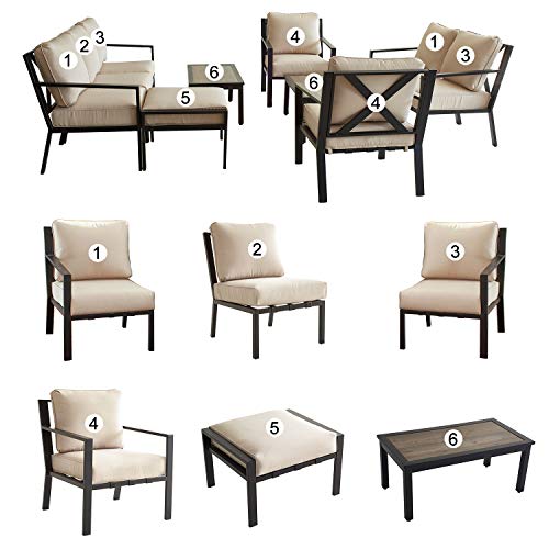 Festival Depot 10-Pieces Patio Outdoor Furniture Conversation Sets Loveseat Sectional Sofa, All-Weather Black X Slatted Back Chairs with Coffee Table and Thick Soft Removable Couch Cushions (Beige) 