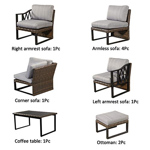 Festival Depot 10Pc Outdoor Furniture Patio Conversation Set Sectional Corner Sofa Chairs All Weather Wicker Ottoman Metal Frame Slatted Coffee Table with Thick Seat Back Cushions (Grey) 