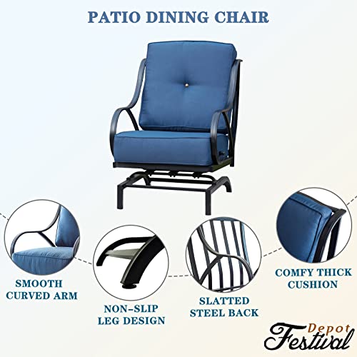 Festival Depot Outdoor Furniture Patio Dining Chair Set of 1 Piece with Blue Thick Seat and Back Cushions Premium Fabric Metal Frame Bistro Seating Armchair for Garden Yard