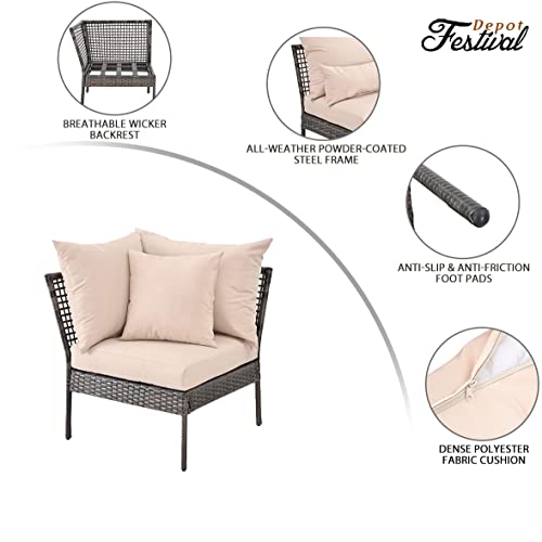 Elegant Beige Wicker Dining Chair, Sectional Sofa with Removable Cushion