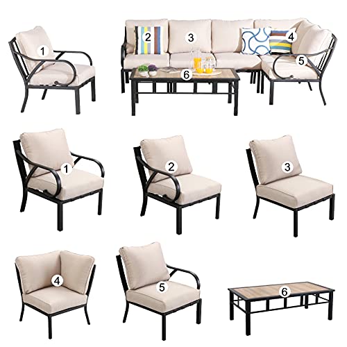 Festival Depot 7pcs Patio Conversation Set Sectional Metal Chairs with Cushions All Weather Corner Sofa and Coffee Table Outdoor Furniture for Garden Backyard Balcony, Beige