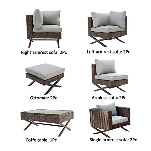 Festival Depot 11 pcs Outdoor Furniture Patio Conversation Set Sectional Corner Sofa Armchairs with X Shaped Metal Leg All Weather Brown Rattan Wicker Ottoman Coffee Table with Grey Seat Back Cushions 