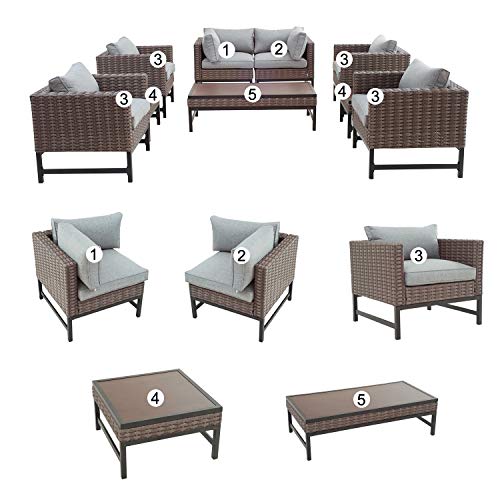 Festival Depot 9 Pieces Outdoor Furniture Patio Conversation Set Combination Sectional Sofa Loveseat All-Weather Woven Wicker Metal Armchairs with Seating Back Cushions Side Coffee Table,Gray