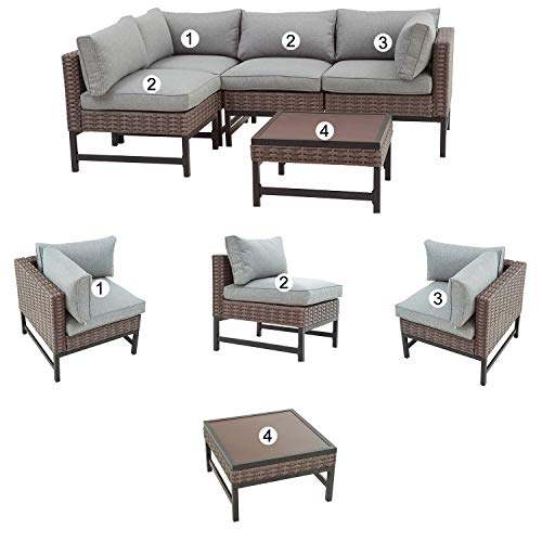 Festival Depot 5pc Patio Sectional Corner Sofa Set Outdoor All-Weather Wicker Metal Coffee Side Table with Seating Back Cushions Garden Poolside (Gray) 