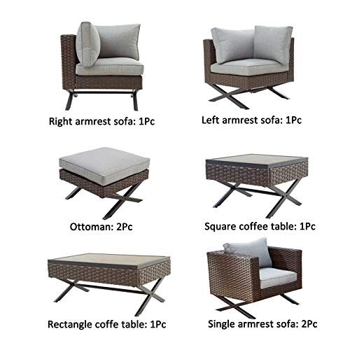 Festival Depot 8pcs Outdoor Furniture Patio Conversation Set Sectional Sofa Chairs with X Shaped Metal Leg All Weather Brown Rattan Wicker Ottoman Coffee Table with Grey Thick Seat Back Cushions