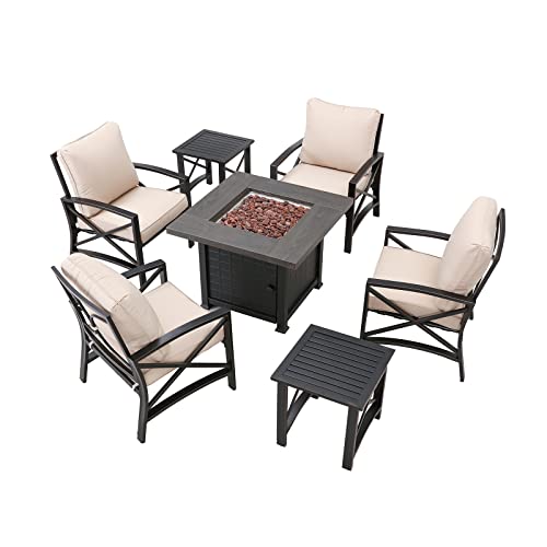 Festival Depot 7 Pcs Patio Conversation Set Outdoor Furniture 50,000 BTU Propane Fire Pit Table Gas and Armrest Chair Coffee Table with Thick & Soft Cushions for Garden, Pool, Backyard