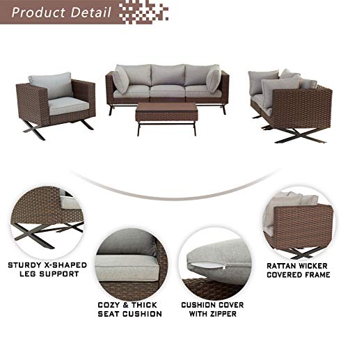 Festival Depot 7pcs Outdoor Furniture Patio Conversation Set Sectional Corner Sofa Chairs with X Shaped Metal Leg All Weather Brown Rattan Wicker Rectangle Coffee Table with Grey Seat Back Cushions 