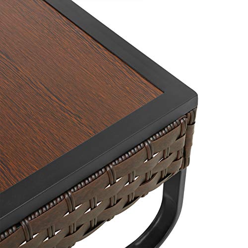 Festival Depot Patio Side Coffee Table Outdoor Bistro Dining Furniture with Wood Grain Tabletop, Wicker Rattan and X Shaped Slatted Steel Legs (Brown)