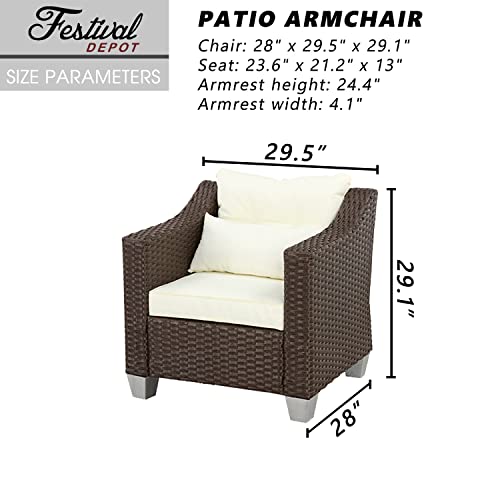 Elegant Beige Rattan Wicker Single Sofa Chair with Metal Frame and Removable Cushion for Outdoor Comfort