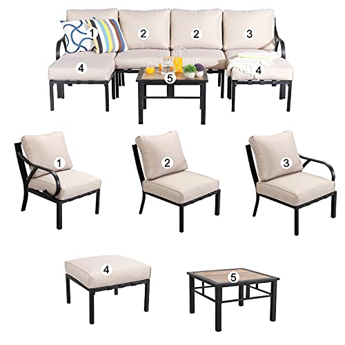 Festival Depot 7 Pcs Patio Conversation Set Sectional Chair Ottoman with Cushions and Coffee Table All Weather Outdoor Furniture for Deck Garden, Beige 