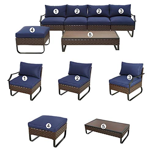 Festival Depot 6 Pieces Patio Outdoor Furniture Conversation Sets Sectional Sofa, All-Weather PE Rattan Brown Wicker Back Chair with Coffee Table, Ottoman and Thick Soft Removable Couch Cushions(Blue) 