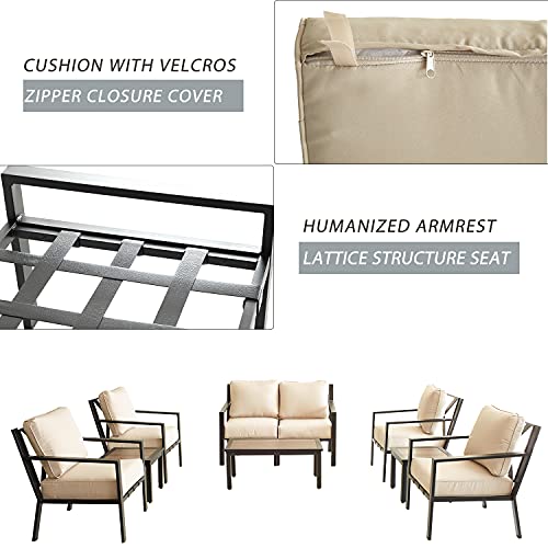 Festival Depot 9-Pieces Patio Outdoor Furniture Conversation Sets Loveseat Sectional Sofa, All-Weather Black X Slatted Back Chairs with Coffee Side Table and Thick Soft Removable Couch Cushions(Beige) 