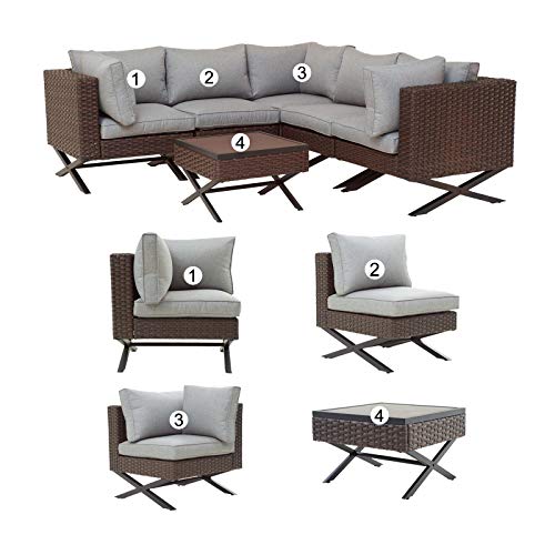 Festival Depot 6pcs Outdoor Furniture Patio Conversation Set Sectional Corner Sofa Chairs with X Shaped Metal Leg All Weather Brown Rattan Wicker Side Coffee Table with Grey Thick Seat Back Cushions 