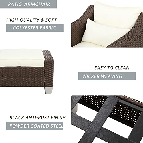 Elegant Beige Rattan Wicker Single Sofa Chair with Metal Frame and Removable Cushion for Outdoor Comfort