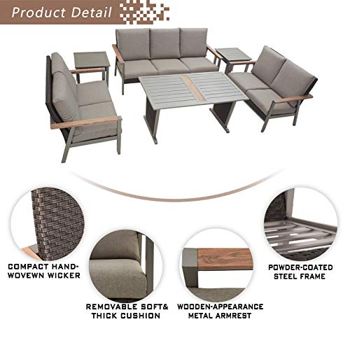 Festival Depot 6pcs Patio Conversation Set Metal Armchair Wicker 3-Seater Sofa All Weather Rattan Loveseat with Grey Thick Cushions Dining and Side Table Outdoor Furniture for Deck Poolside 