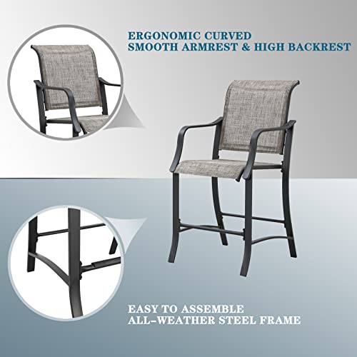 Elevated Comfort Outdoor 24.8" Counter Height Stool, Armrest Dining Chair with High Textilene Backs Metal Frame