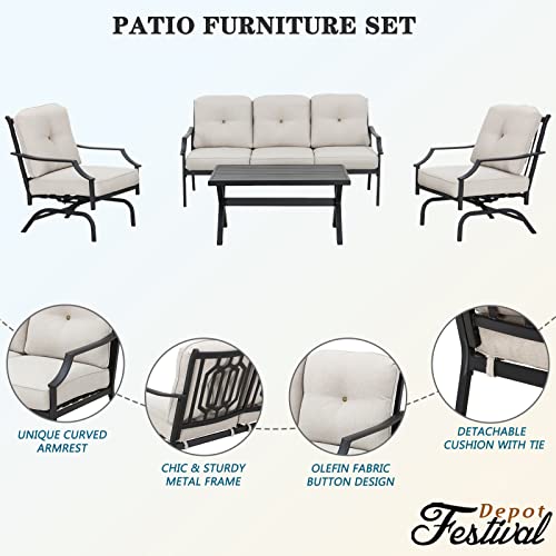 Festival Depot 4 Pieces Patio Conversation Set Outdoor Furniture Set (3-Seats Loveseat, 2 Armchairs and 1 Coffee Table) with Metal Frame and Cushions for Garden Poolside Backyard Deck