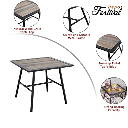 Festival Depot Patio Side Table Square Coffee Table All-Weather Outdoor Furniture with Wood- Grain Desktop and Metal Frame for Porch Poolside Deck Garden (25.2" x 25.2" 22.8")