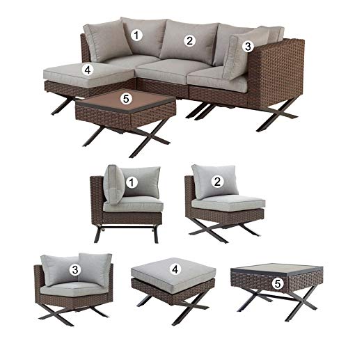 Festival Depot 5pcs Outdoor Furniture Patio Conversation Set Sectional Sofa Chairs with X Shaped Metal Leg All Weather Brown Rattan Wicker Ottoman Side Coffee Table with Grey Thick Seat Back Cushions 