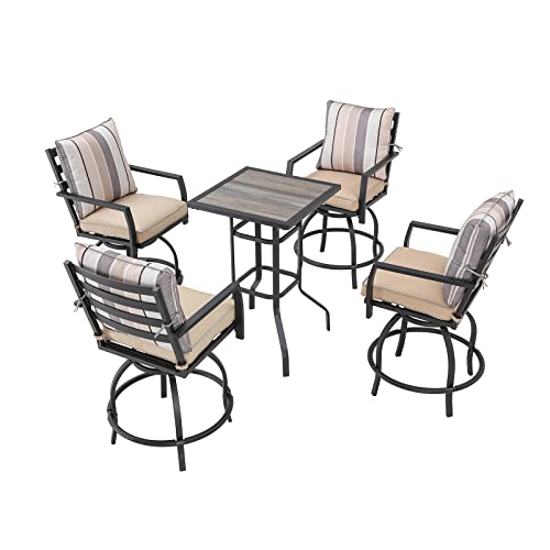 Festival Depot 5pcs Bar Bistro Outdoor Patio Furniture Set High Stool 360° Swivel Armrest Chairs with Comfort Cushion Square DPC Desktop Wood Grain Top Table Metal Steel Frame Leg All-Weather (Beige)