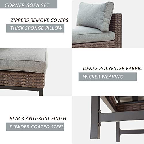 Festival Depot 5 Pieces Patio Outdoor Conversation Wicker Chairs Lounge Chaise Cushions Ottomans Set with Coffee Square Table Metal Frame Furniture Garden Bistro Seating Thick Soft Cushion (Gray)