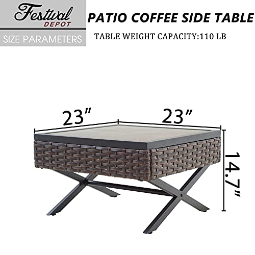 Festival Depot Patio Side Coffee Table Outdoor Bistro Dining Furniture with Wood Grain Tabletop, Wicker Rattan and X Shaped Slatted Steel Legs (Brown)