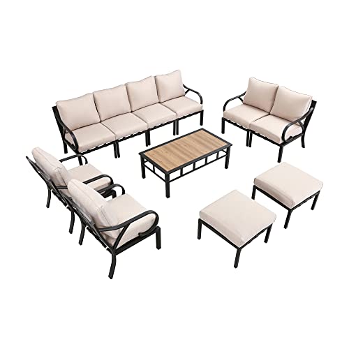 Festival Depot 11 Pieces Patio Conversation Set Sectional Sofa Armchair Ottoman with Thick Cushions and Coffee Table All Weather Metal Outdoor Furniture for Deck Garden, Beige 