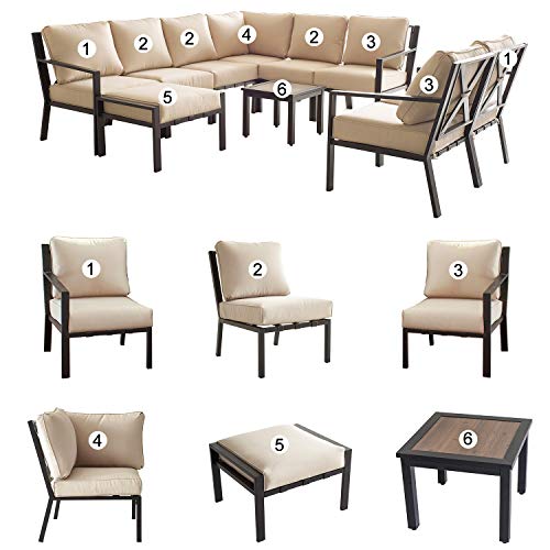 Festival Depot 10-Pieces Patio Outdoor Furniture Conversation Sets Loveseat Sectional Corner Sofa, All-Weather Black X Slatted Back Chairs with Coffee Table and Thick Removable Couch Cushions (Beige) 