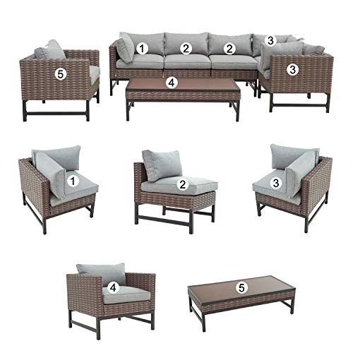 Festival Depot 7 Pieces Patio Outdoor Furniture Conversation Sets Sectional Corner Sofa, All-Weather Brown Manual Weaving Wicker Chairs with Side Coffee Table, Soft Thick Seating Couch Cushions (Grey) 