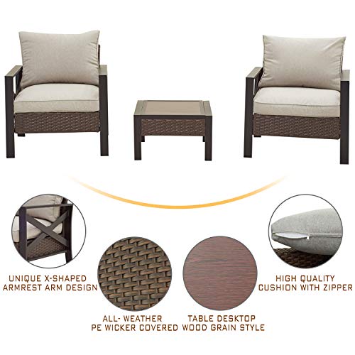 3-Piece Bistro Patio Conversation Set Soft & Deep Cushion Wicker Rattan Square Wood Grain Top Side Coffee Table 