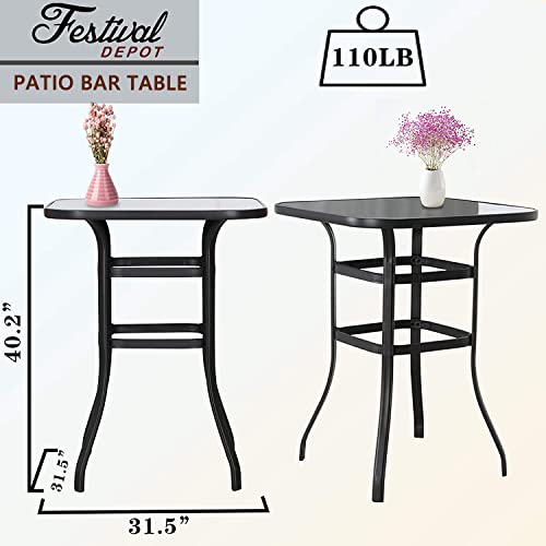 Festival Depot 9pcs Patio Dining Set Bar Height Stools Swivel Bistro Chairs with Armrest and Tempered Glass Top Table Metal Outdoor Furniture for Yard (Brown)