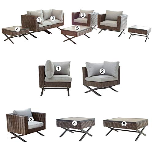 Festival Depot 7pcs Outdoor Furniture Patio Conversation Set Sectional Sofa Chairs with X Shaped Metal Leg All Weather Brown Rattan Wicker Rectangle Square Coffee Table with Grey Seat Back Cushions 