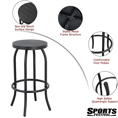 Sports Festival 5 Pcs Patio Bistro Height Set 4 Outdoor Furniture, Backless Bar Stool Chair with Round Seat, Foot Pedals and 40" Tempered Glass Desktop Metal Frame Steel Square Table for Deck Porch